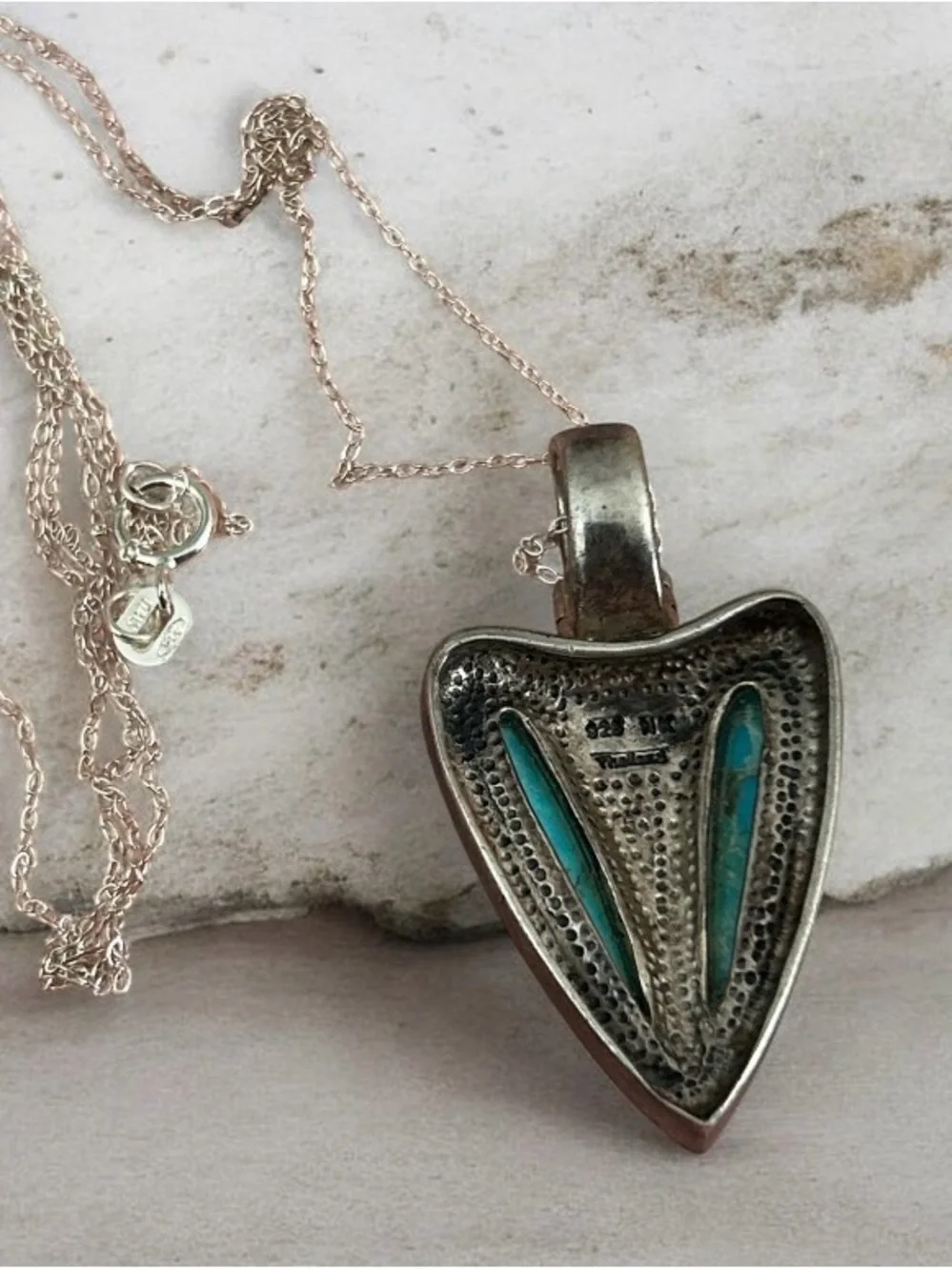 Vintage NK Thailand Sterling Silver 925 Turquoise Heart Arrowhead Necklace - Picture 2 of 5